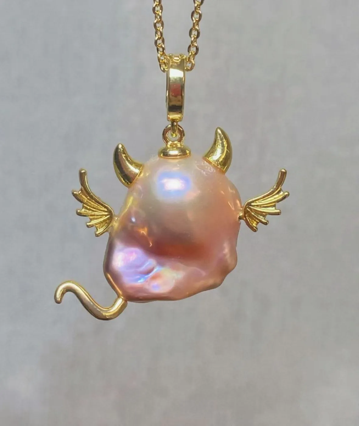 Authentic 14K Gold Plated Natural Baroque Pearl Little Monster Pendant Cute Animal Charm Necklace 925 Sterling Silver Fashion Jewelry Gift