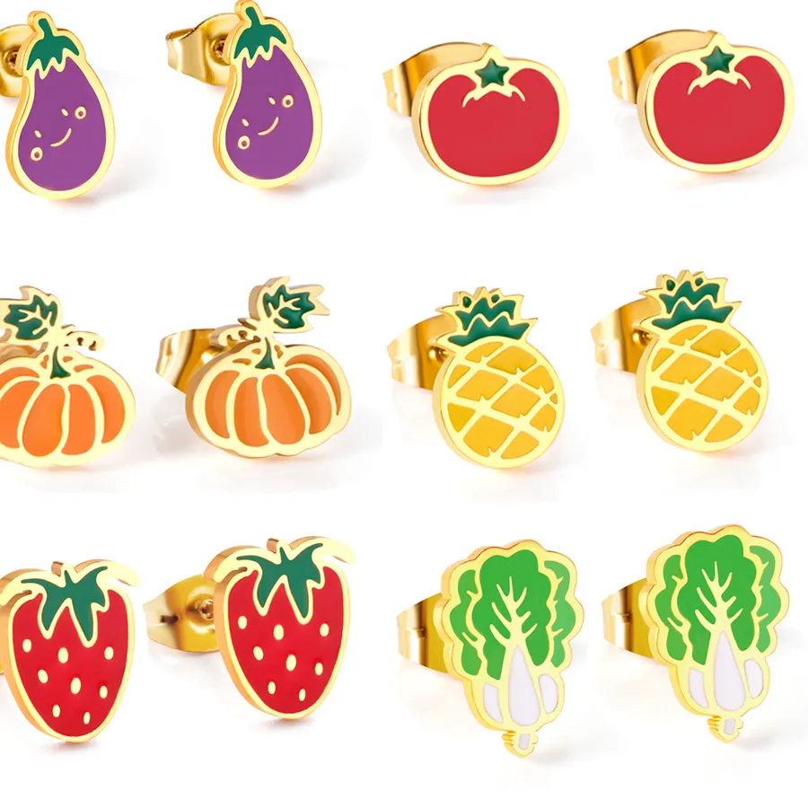 Authentic Luxusteel Colorful Fruits Vegetables Stud Earrings Strawberry Eggplant Christmas Jewelry
