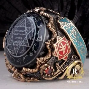 Authentic The Star Of Wisdom Seal Of Solomon Ring In Gold Plated Silver With Purple Amber