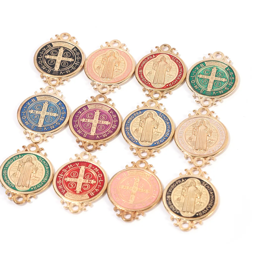 Authentic 12Pcs Metal Enamel Saint Benedict Medal Charm Gold Tone Round Medalla De San Benito Pendants for DIY Necklaces Bracelet Keychain