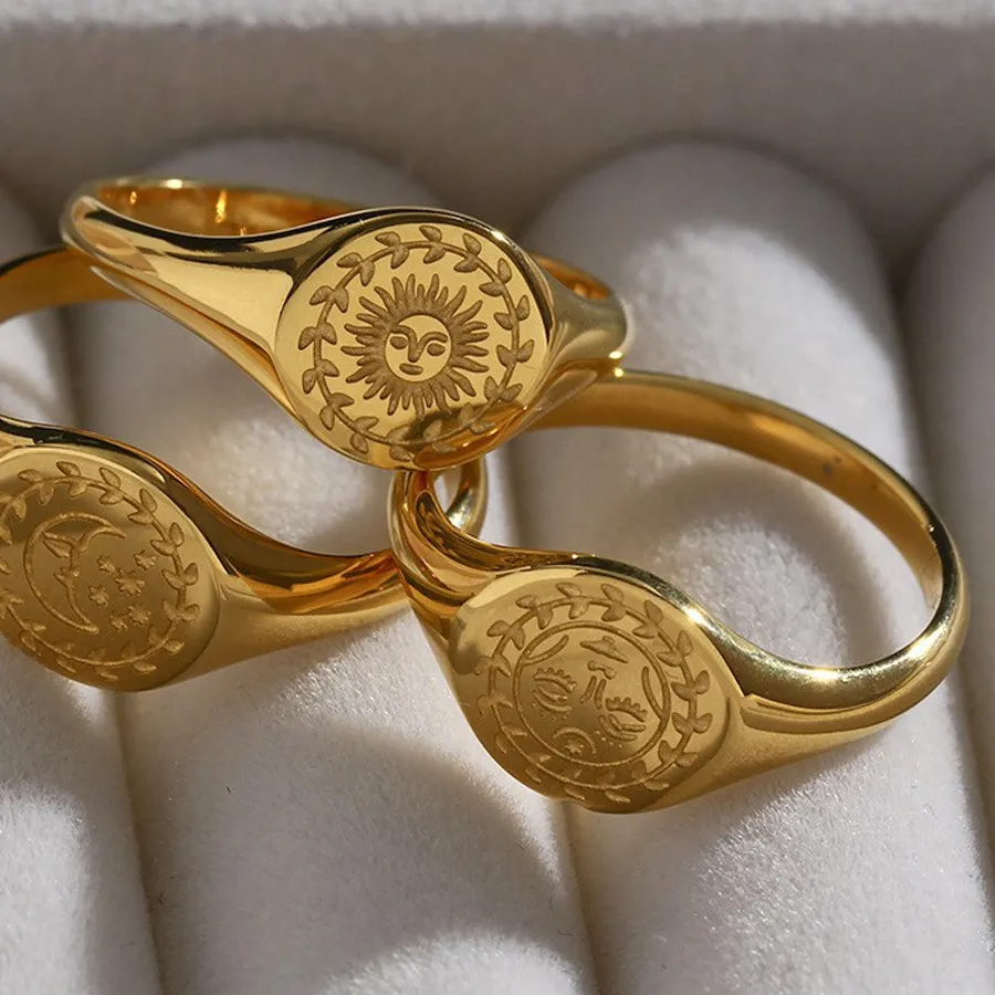 Authentic Stainless Steel Simple Retro Star Moon Sun Pattern Ring 18K Plated Metal Gold Anniversary Gift Jewelry