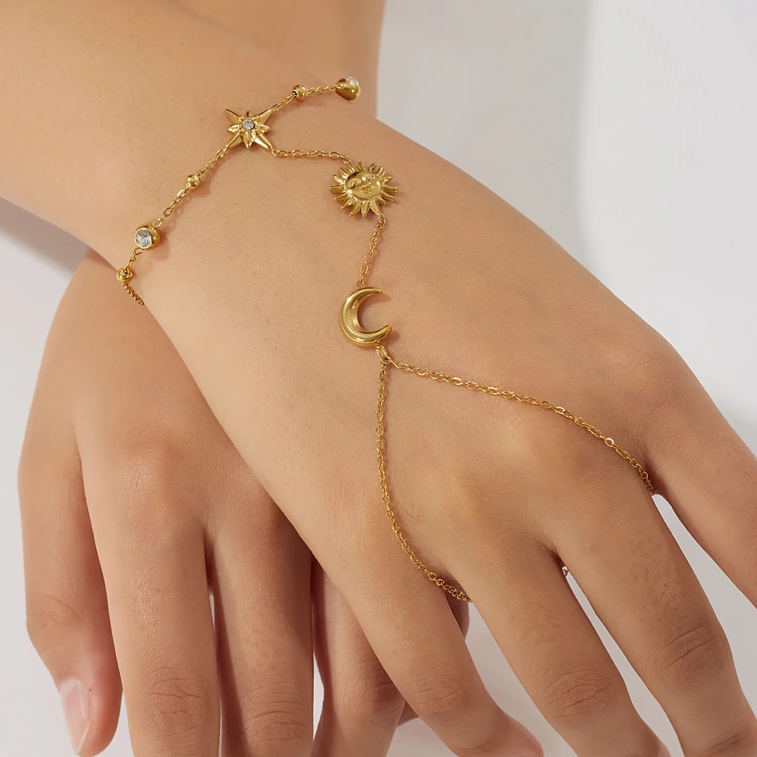 Authentic Sun Moon Star Hand Harness Bracelet 18K Gold Plated Stainless Steel Waterproof Connected Finger Ring Statement Jewelry for Women