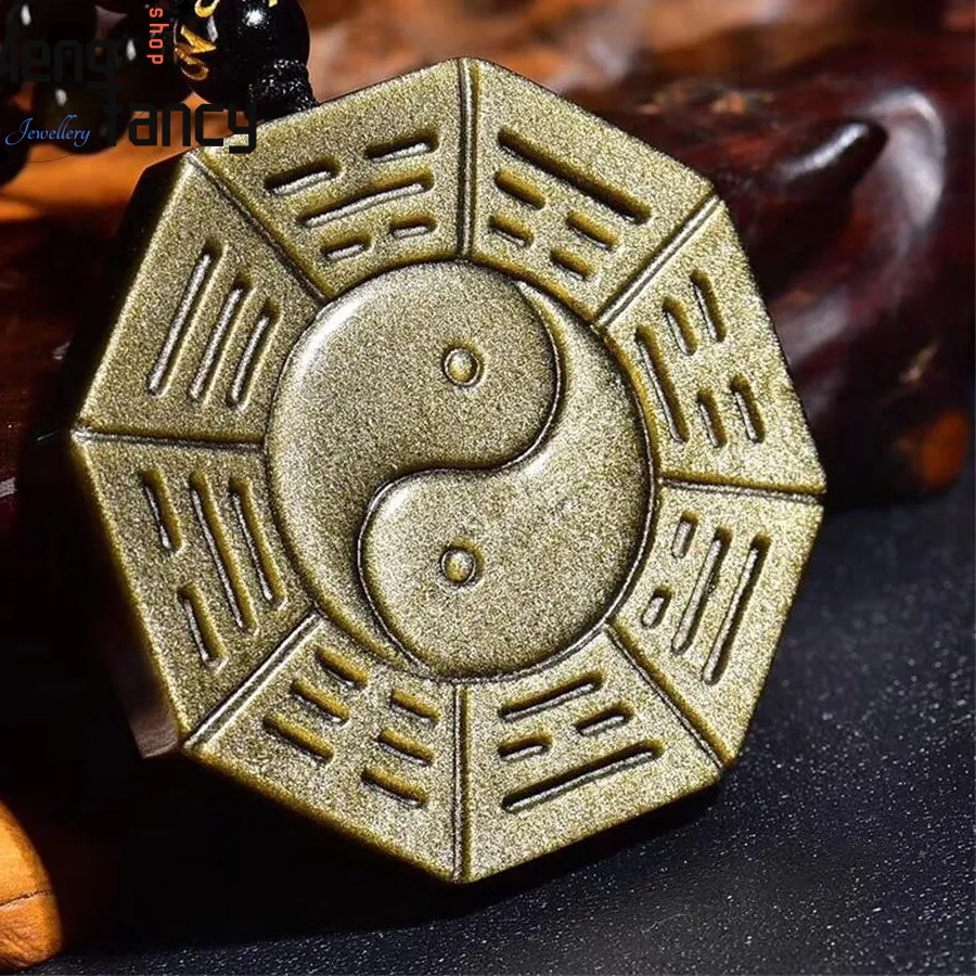 Authentic Natural Gold Obsidian Tai Chi Bagua Pendant Charms Fine Jewelry Amulet Mascots Luxury Women Men Necklace Holiday Gifts