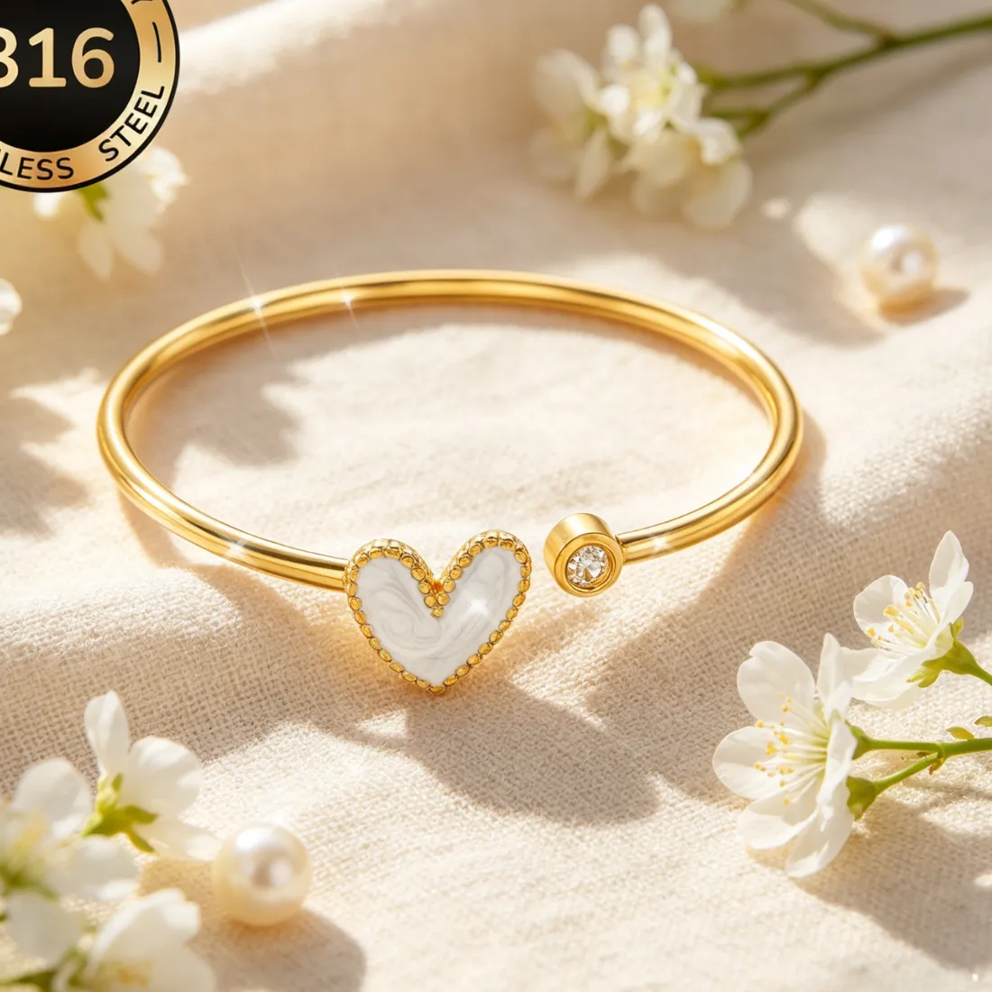 Authentic Delicate Romantic Heart Charm Cuff Bangle for Female Ladies Girl No-Fade Stainless Steel PVD Gold Plated Cute Open Hard Bracelet