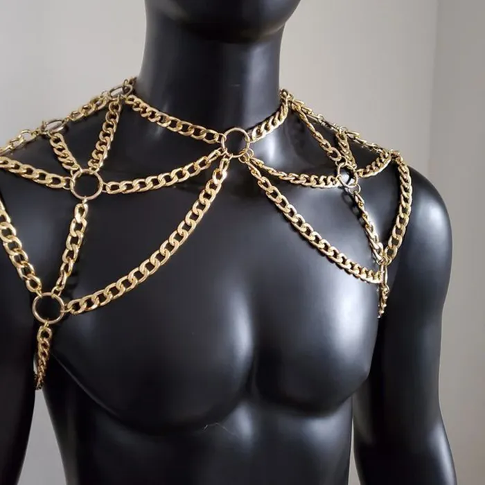 Authentic Punk Men Shoulder Body Chain Back Metal Necklace Body Jewelry Accessories Summer Beach Party Bar Cosplay Sexy Dating Gold Silver