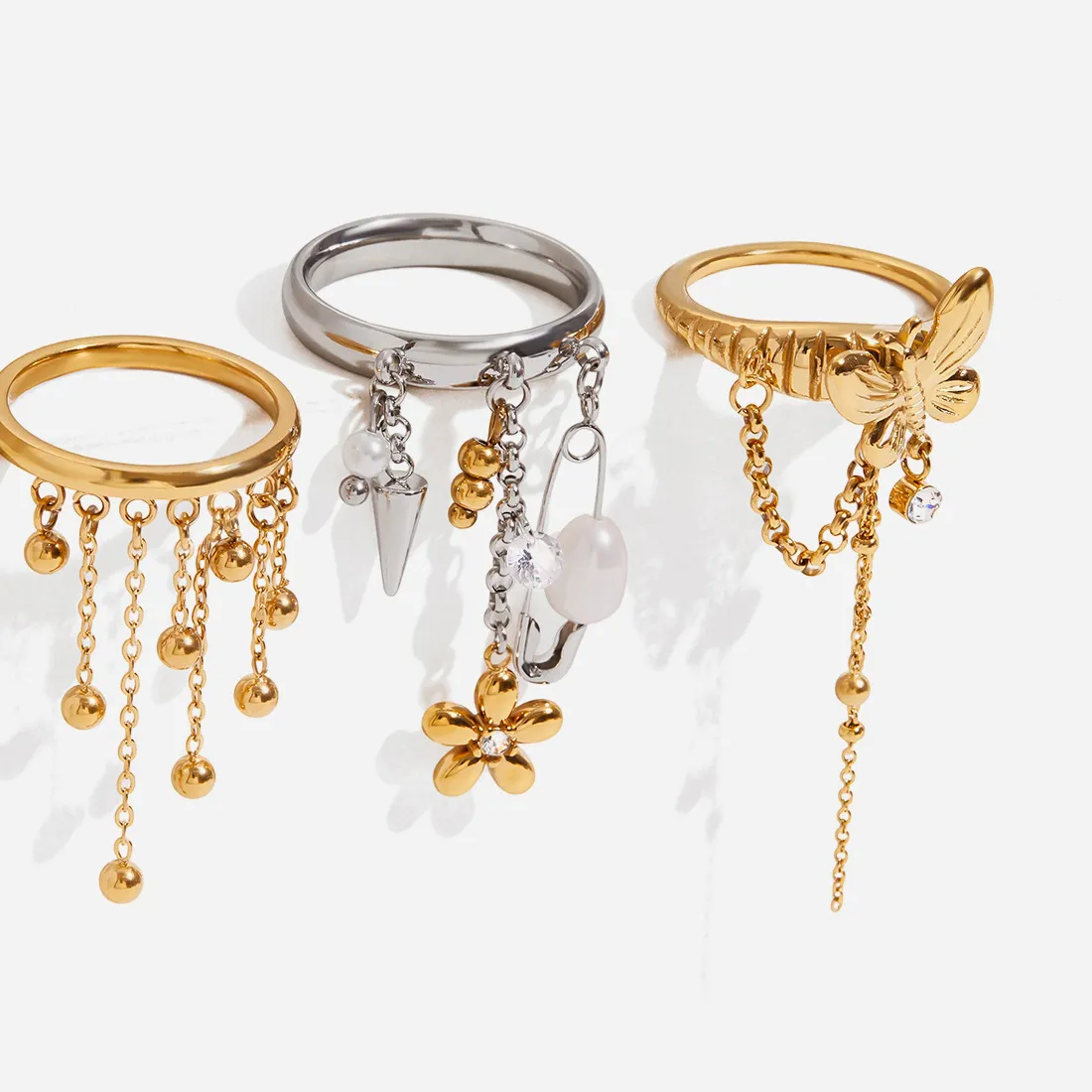Authentic 3 Pcs Tassel Charm Ring Set, Gold Silver Tone Butterfly Flower Safety Pin Dangle Chain Statement Stackable Rings for Women
