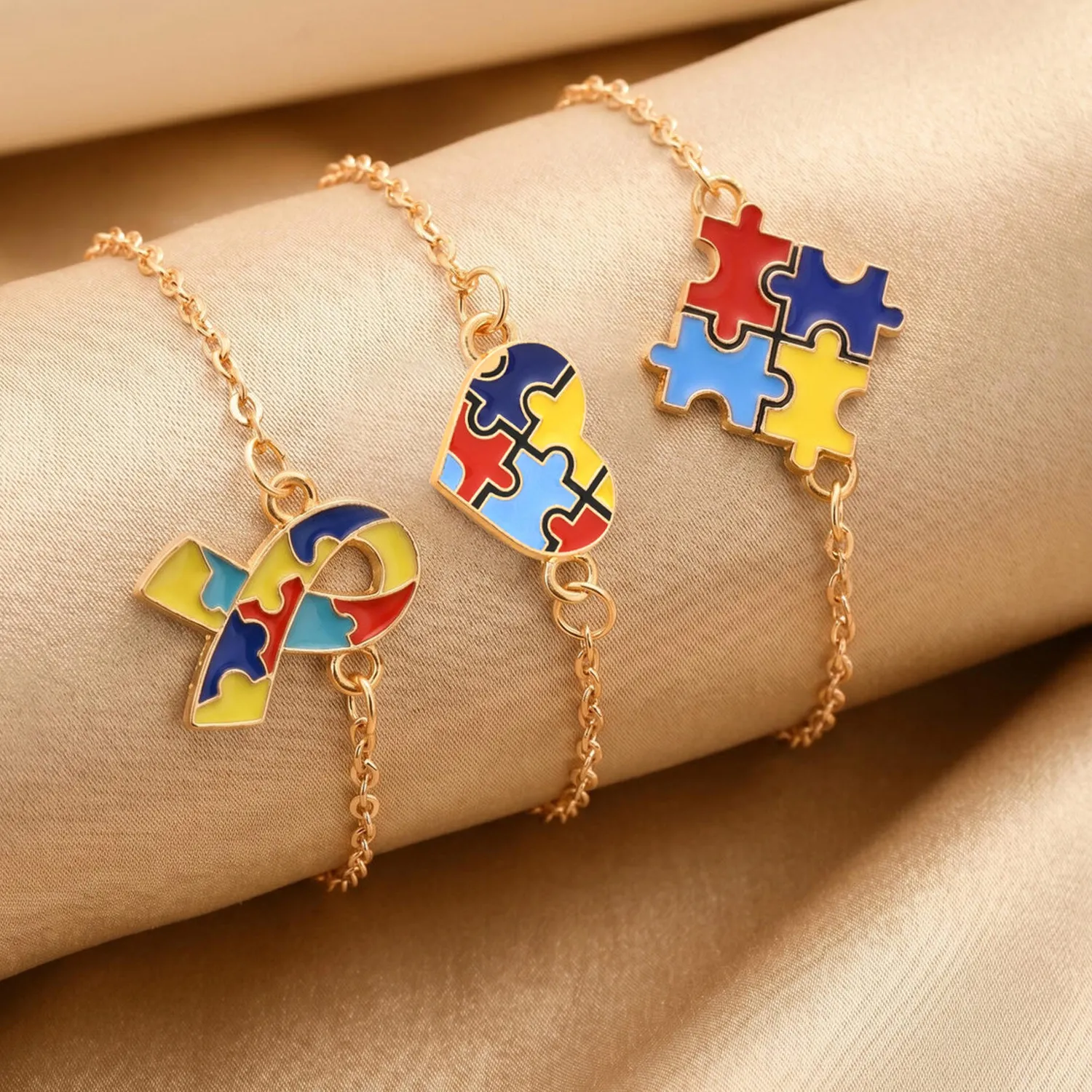 Authentic 3Pcs Autism Awareness Puzzle Charm Bracelet Set, Gold Plated Adjustable Thin Chain Enamel Jewelry, Charity Support