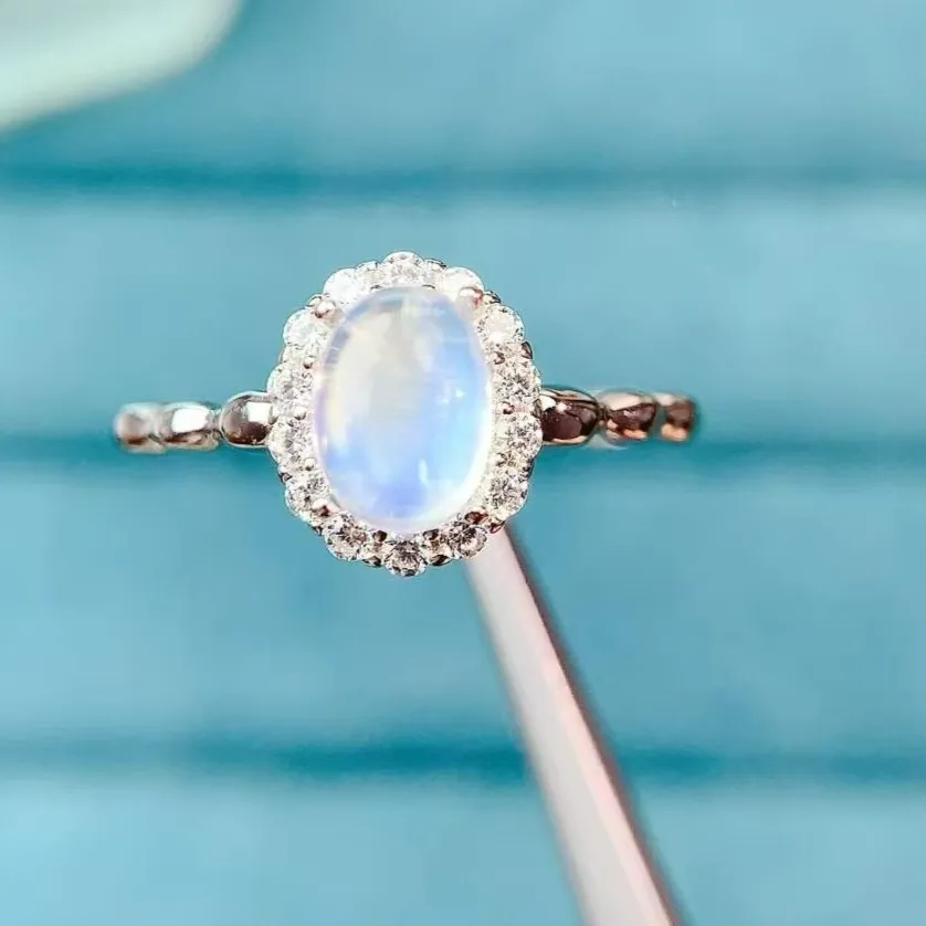 Authentic 925 Silver Natural Moonstone Ring Oval Cut Blue Flash Moonstone Ring With Certificate Elegant Gemstone Jewelry