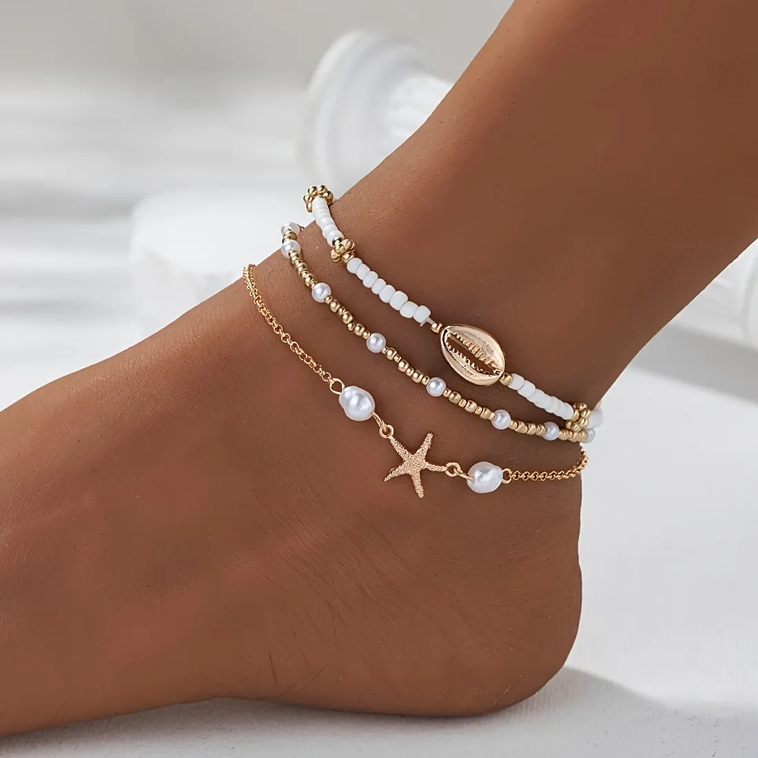 Authentic 3 Pcs Beach Beaded Anklet Set for Women Vintage Summer Gold Color Starfish Shell Charms Anklet Vacation Daily Wear Jewelry Gifts