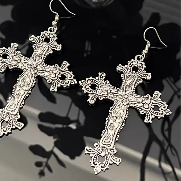 Authentic Gothic Flower Large Cross Y2K Hoop Earrings Halloween Witchcraft Crucifix Ear Aretes Aesthetic Boucle Oreille Jewelry