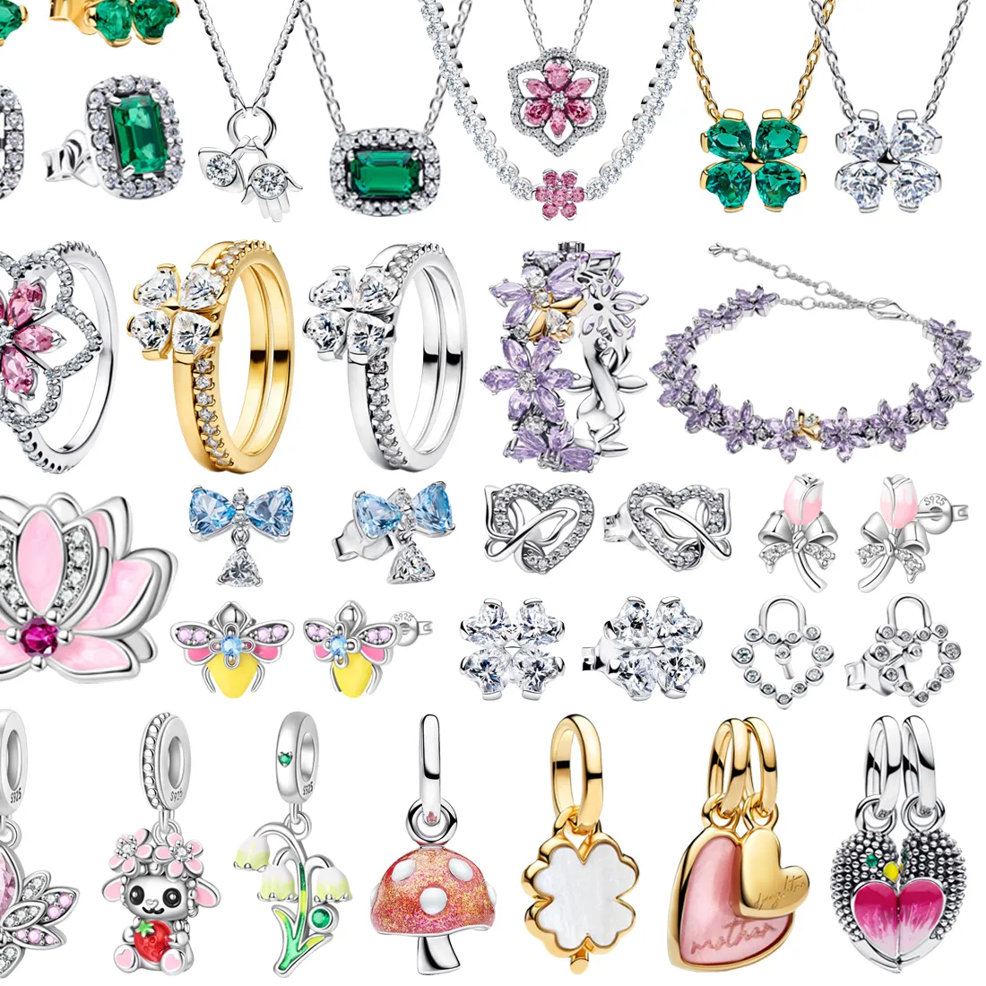Authentic Original 925 Sterling Silver Four Leaf Clover Lotus Bow Snail Pendant Earrings Ring Fit High- End Birthday Jewelry