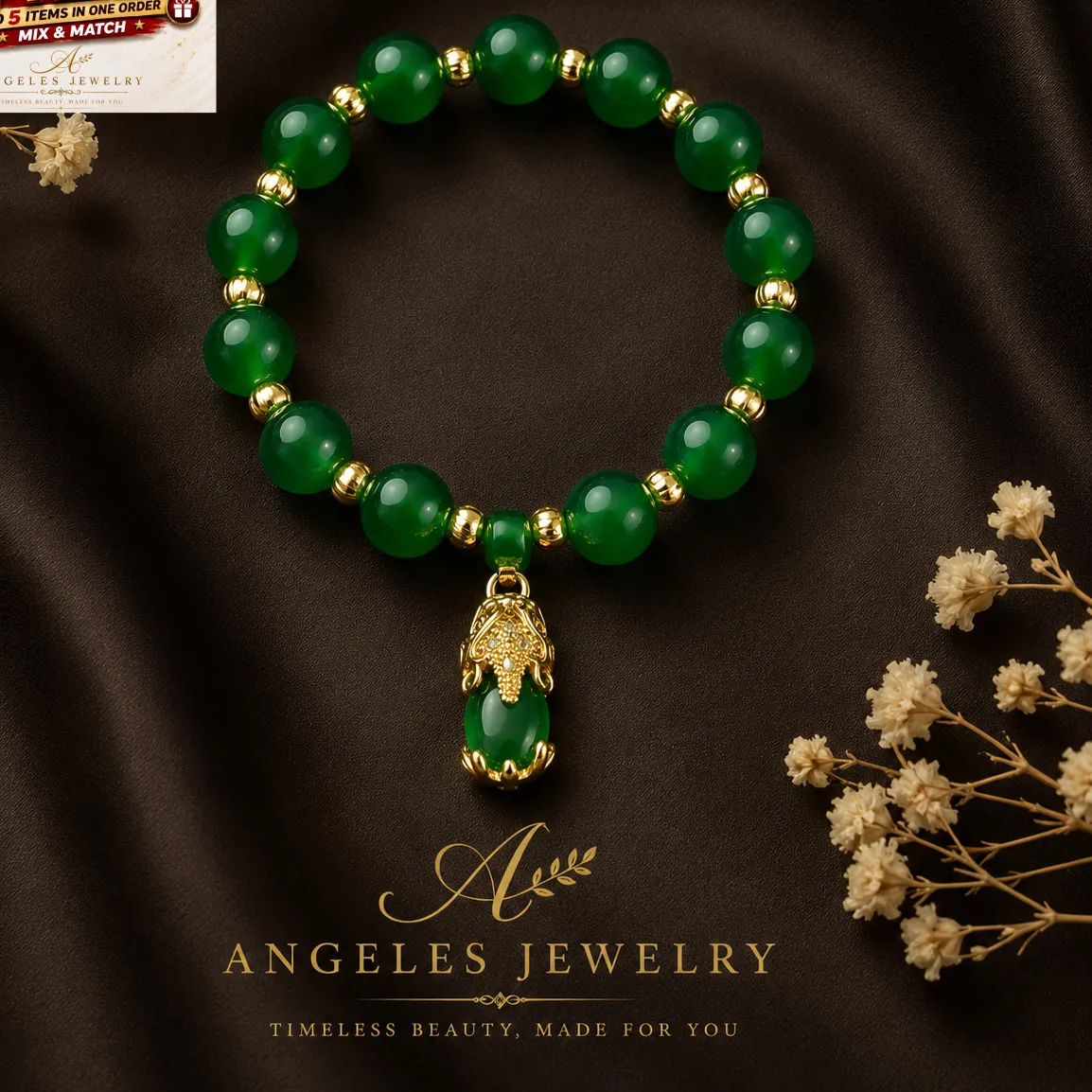 Authentic The Verdant Harmony Talisman 18K Gold- Plated Green Jade Beaded Bracelet