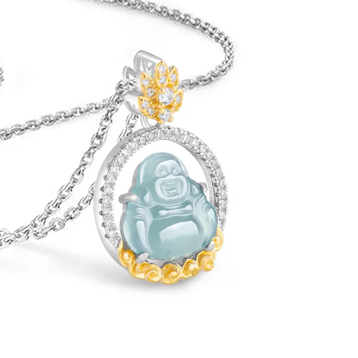 Blue Myanmar Jadeite Maitreya Pendant Necklace Designer Burmese Jade Stone Accessories 925 Silver