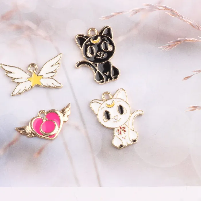 Authentic 1pcs Diy Jewelry Accessories Drop Oil Alloy Sailor Moon Black Cat Heart Wing Bracelet Earrings Drop Material Handmade Charms