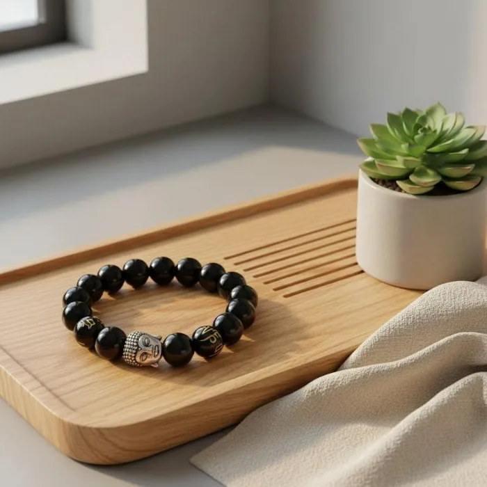 Authentic Black Obsidian Bead Bracelet With Silver Charm Gold Mantra Beads For Meditation Daily Wear