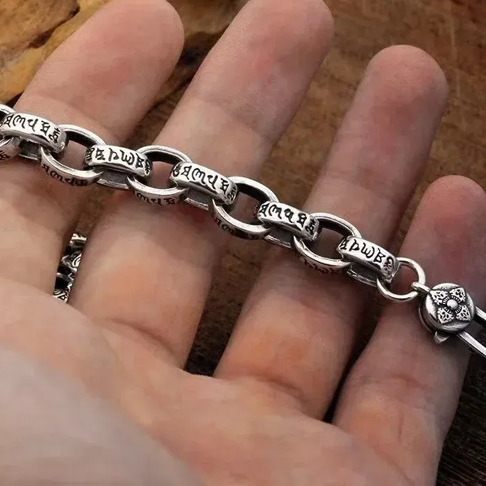 Authentic Real Solid S925 Silver New Six-Character Mantra Bracelet Men Women Retro Trend Jewelry Gift
