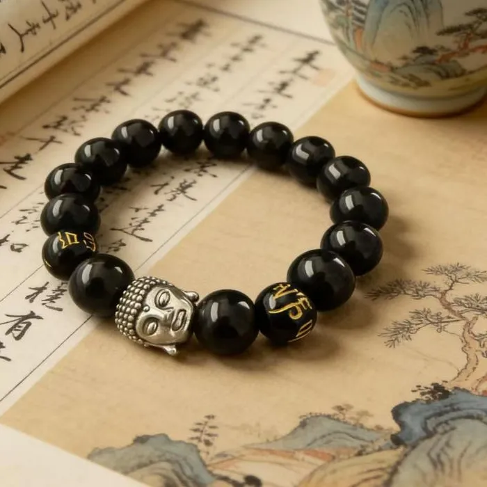Authentic 【JYA1】Black Obsidian Bead Bracelet With Silver Charm Gold Mantra Beads For Meditation Daily Wear