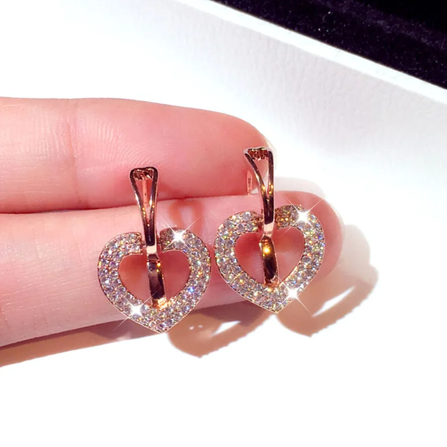 Authentic Korean Exquisite Earrings Luxury Top Quality CZ Wedding Party Flash Rhinestone Heart Earrings Rometry Charm Accessories