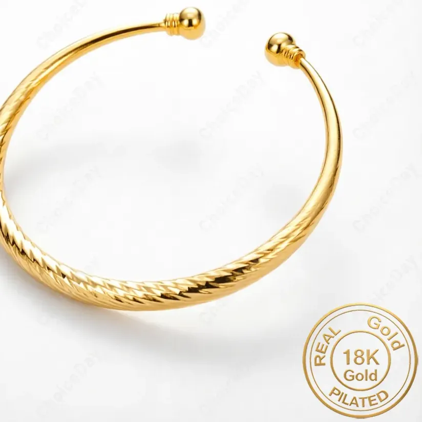 Authentic 18K Gold Plated Minimalist Twisted Open Bangle for Women - Charming and Stylish Wedding Party Jewelry