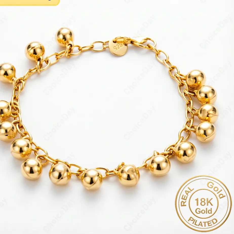Authentic 18K Gold Plated Delicate Glossy Beaded Bracelet for Women, Fashionable, Jewelry, Wedding Party Accessories