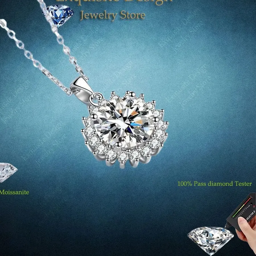 Authentic Shiny Sunflower Pendant Necklace for Women of PT950 Platinum with 0.5/1/2/3/5Ct Moissanite Diamond Fine Jewelry Girl Daily