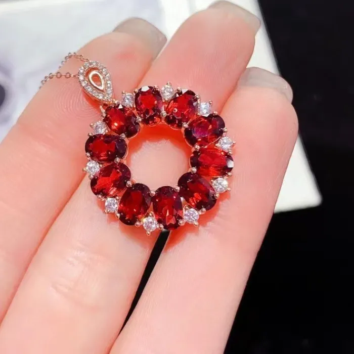 Authentic 925 Silver Red Crystal Circle Pendant Natural Garnet Pendant 4mm*6mm 5ct Real Garnet Silver Necklace with 18K Gold Plating