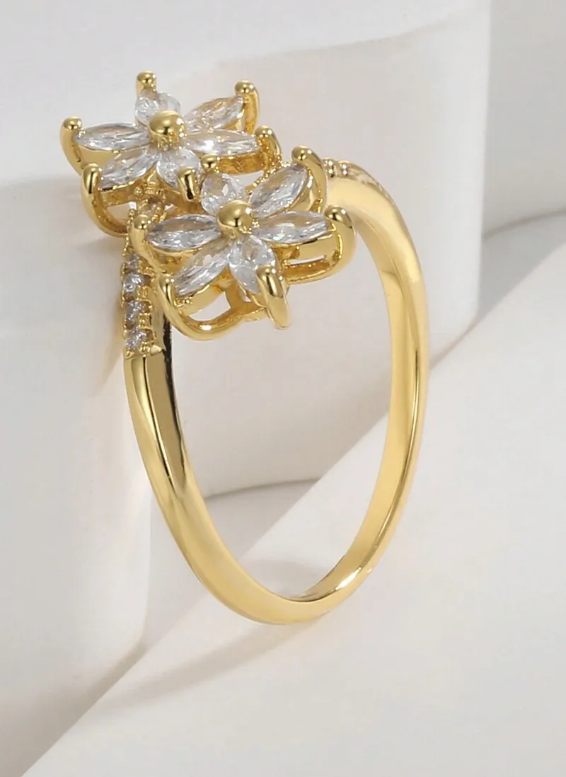 Authentic Charm-In Gorgeous Gold-Plated Flower Ring With White Cubic Zirconia Stone, Perfect Gift For Mother Or Girlfriend Valentines