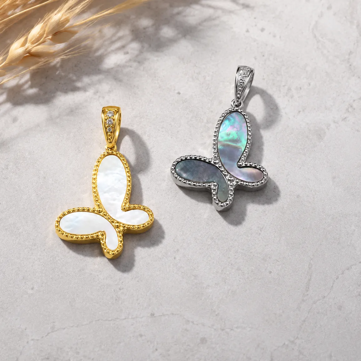 Authentic Floating Box 18K Gold Silver Plated Stainless Steel White Shell Butterfly Pendant for Necklace Women Mother of Pearl Jewelry