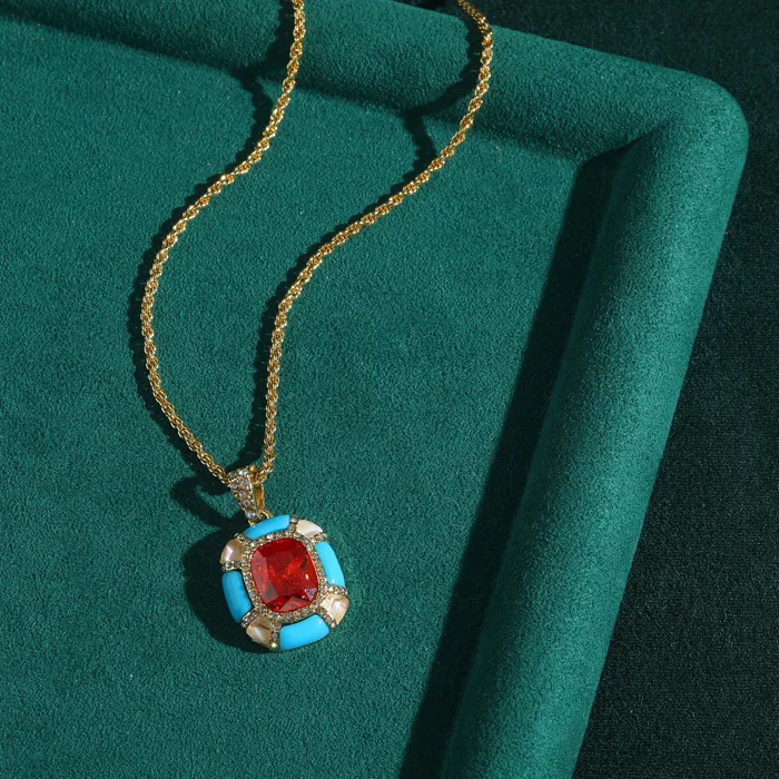Authentic Vintage Blue Enamel Ruby Square Pendants And Charms Necklace Antique Gold Color Chain Women'S Accessories Mothers Day Gift 2025