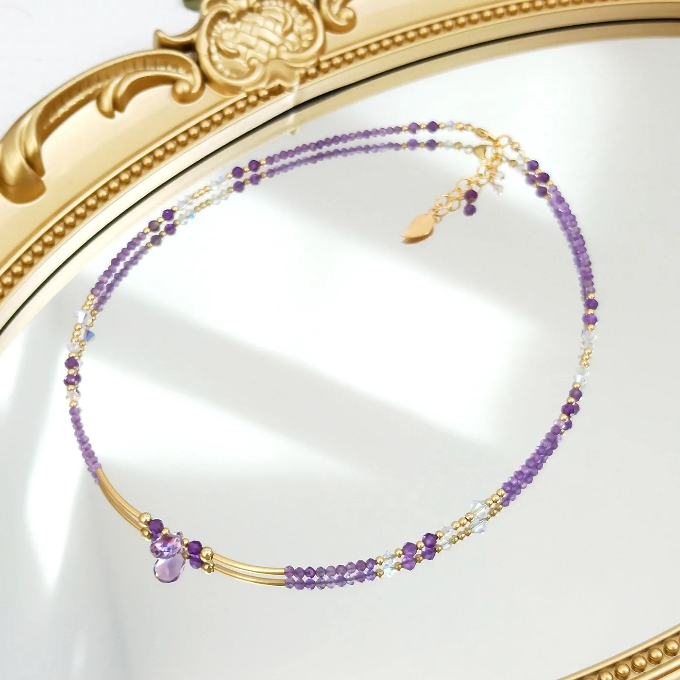 Authentic Lii Ji Natural Amethyst 2mm Choker Amethyst Charm 14K Gold Filled Handmade Adjustable Necklace 38+3cm