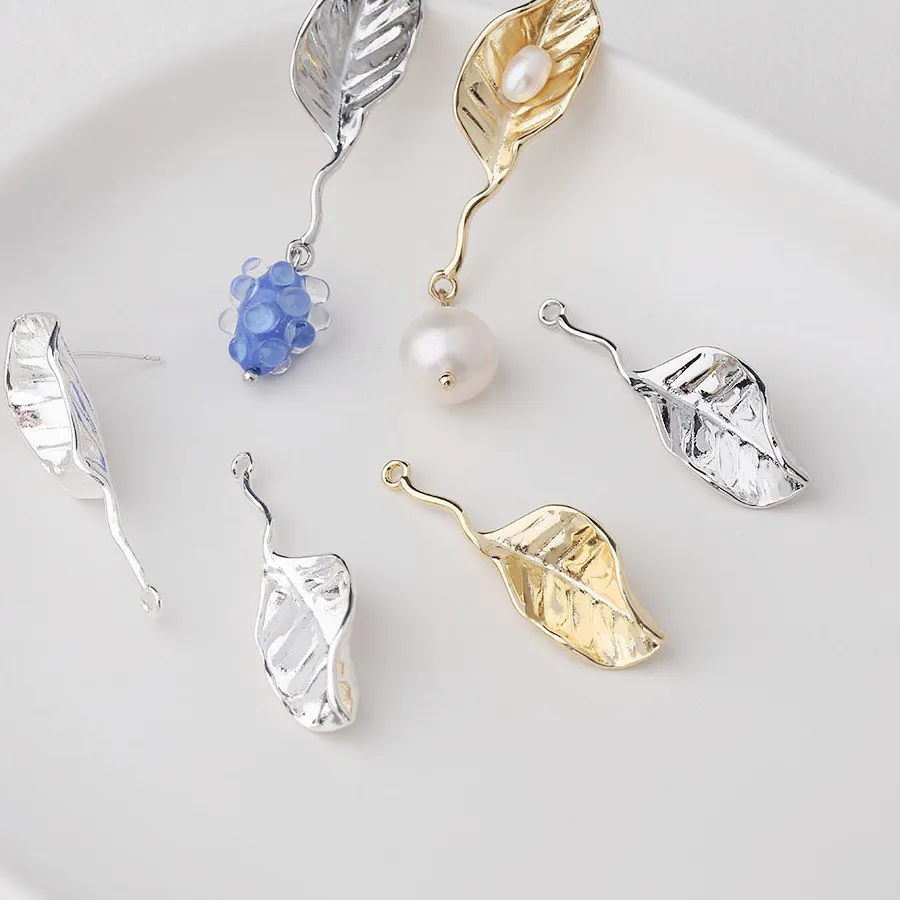 Authentic 2PCS Dainty Long Leaf Charms Ear Studs Jewelry Making Eardrop Earrings DIY Brass 14k Gold Plated Accessories 38*12mm