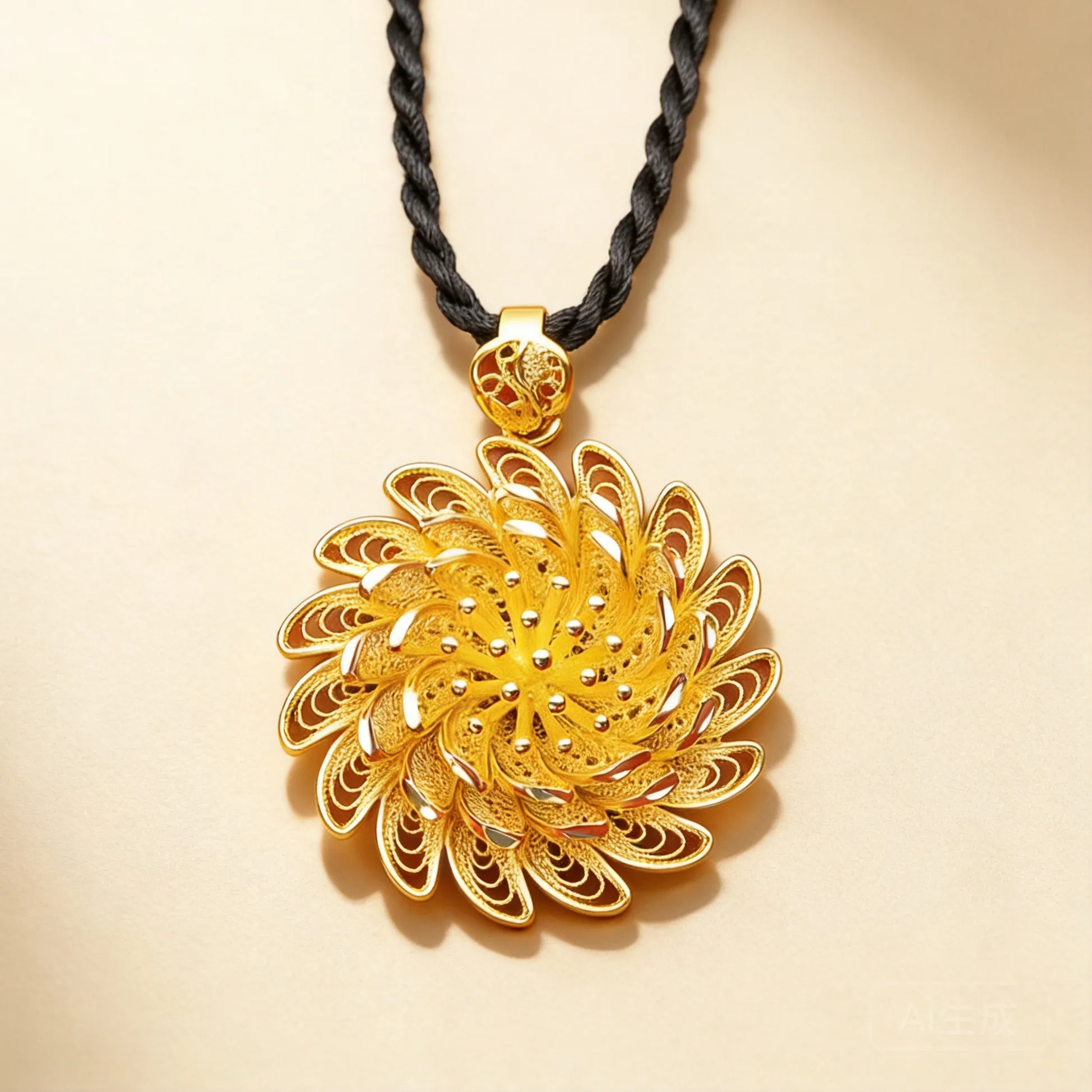 Authentic Chinese Style Auspicious Lucky Gold Plated Large Flower Pendant Necklace For Women Exquisite Filigree Craft Wealth Blessing Sand