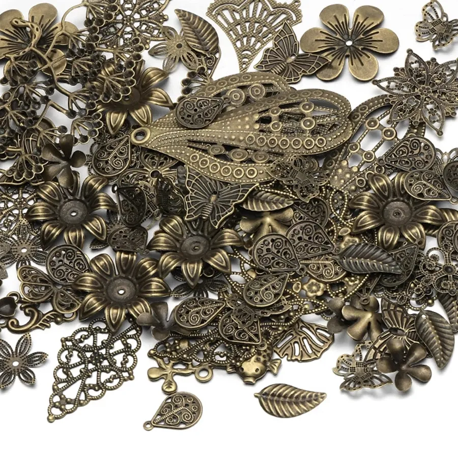 Authentic 50/100PCs Mixed Flower Filigree Wraps Beads Caps Petal Charms Metal Iron Gift Decoration DIY Gold Silver Rhodium Wholesale