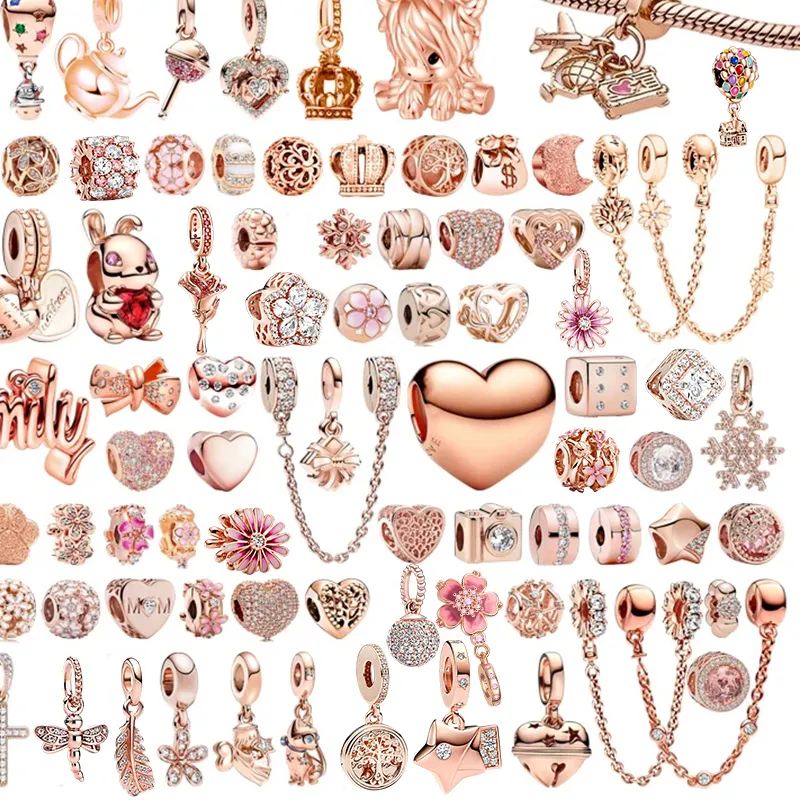 Authentic 2026 Hot Sparking Rose Gold Charm Beads Pendant Fit Original Snake Silver Bracelet Necklace Beads For Diy Jewelry Women Gifts