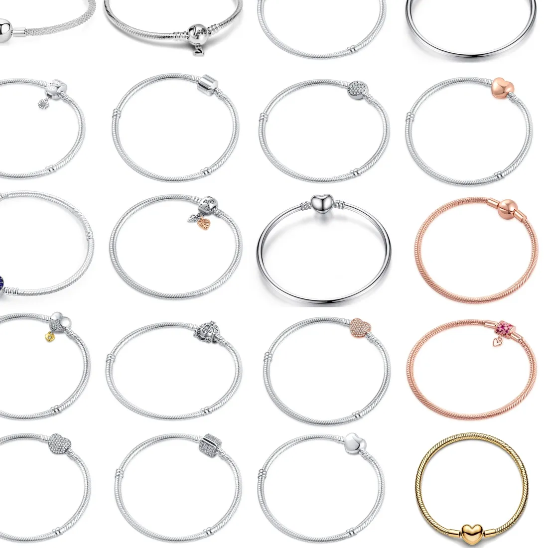 Authentic 925 Sterling Silver Snake Chain Bracelets Rose Gold Heart Clasp Bracelet Diy Bangle Jewelry