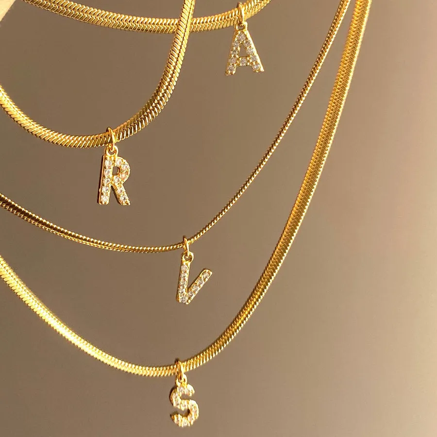 Authentic CZ Zircon Initial Letter Pendant Necklace for Women Dainty A-Z Alphabet Charm Gold Color Snake Chain Jewelry