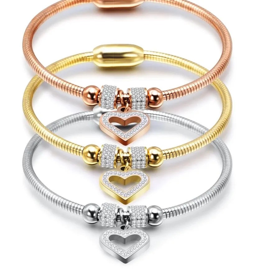 Authentic VQYSKO New Style Heart Crystal Charm Bracelet Bangles Magnet Clasp With Snake Chain 316L Stainless Steel Women Wedding Jewelry