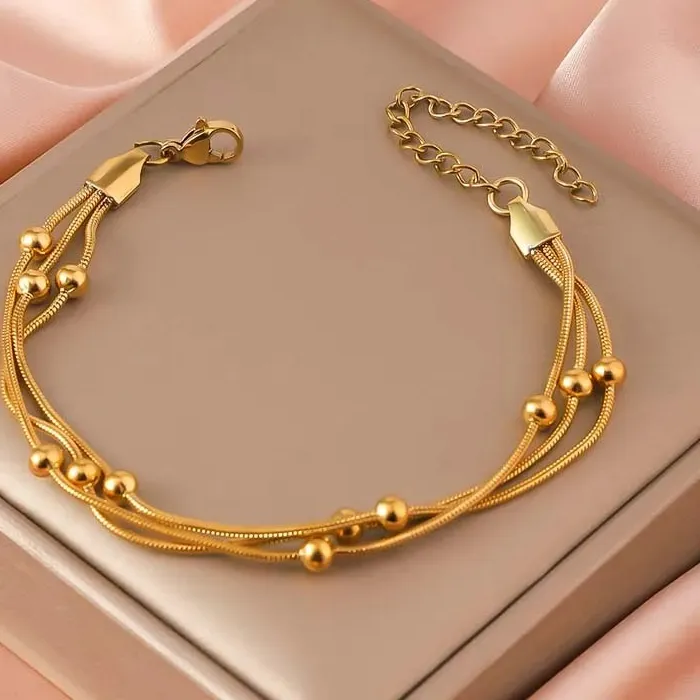 Authentic Elegant Beaded Round Snake Chain Gold Color Bracelets Multi Layer Bracelet Jewelry
