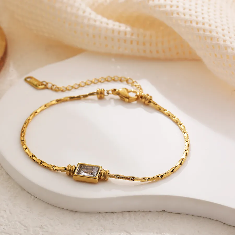 Authentic Punk Fine Snake Chain Square Crystal Zircon Bracelet Adjustable Waterproof Stainless Steel Women Bangle Gold Plated Jewelry New