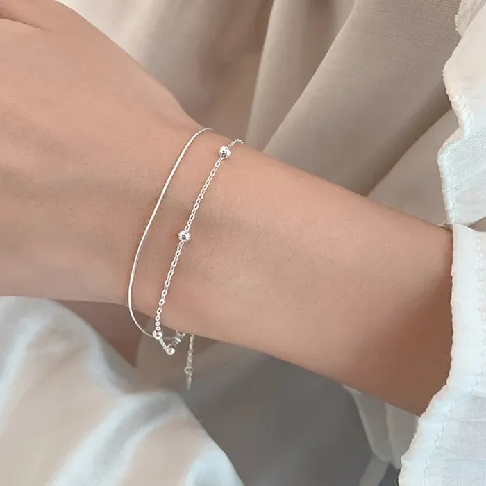 Authentic 925 Sterling Silver Round Ball Lucky Bracelets Woman Double-Layer Snake Chain Hot Top Quality Jewelry Wedding Jewellery