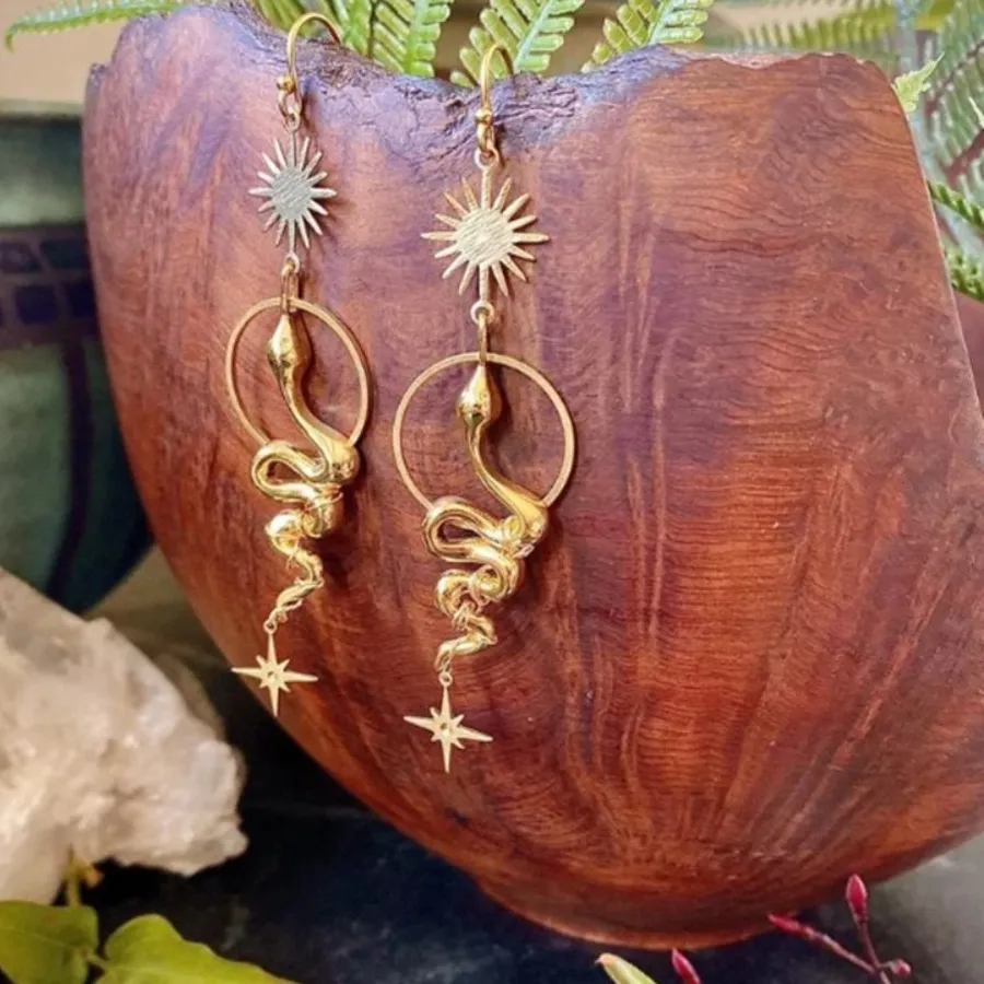 Authentic Exaggeration Personality Gold Color Snake Sun Star Tassel Stainless Steel Dangle Earrings for Women Hallowmas Party Jewelry Gift
