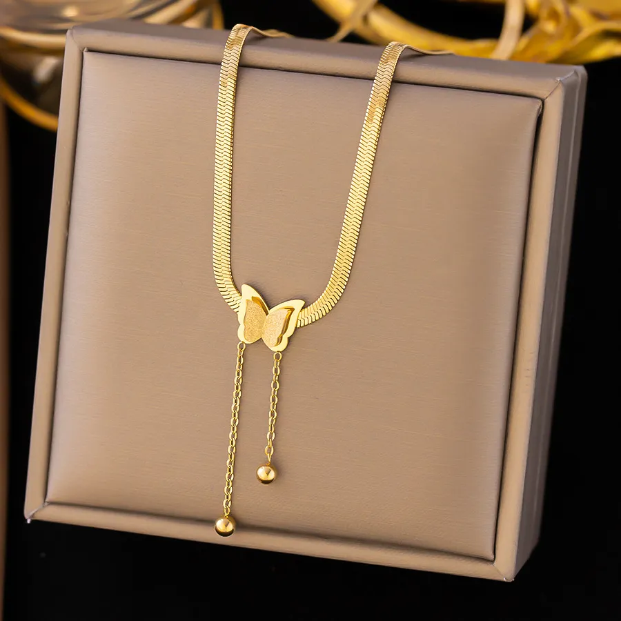 Authentic Multilayer Vintage Butterfly Necklace For Women Gold Color 316L Stainless Steel Blade Snake Chain Charms Choker Jewelry Gift
