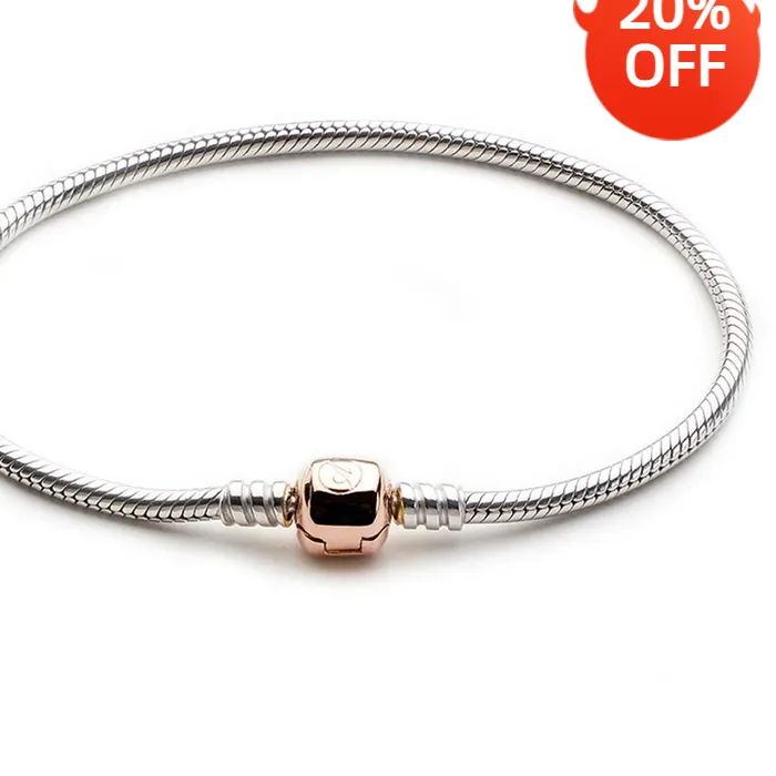 Authentic ATHENAIE 925 Sterling Silver Snake Chain Bracelet With The Lock is Rose Gold Fit All European Charm Beads DIY Jewelry