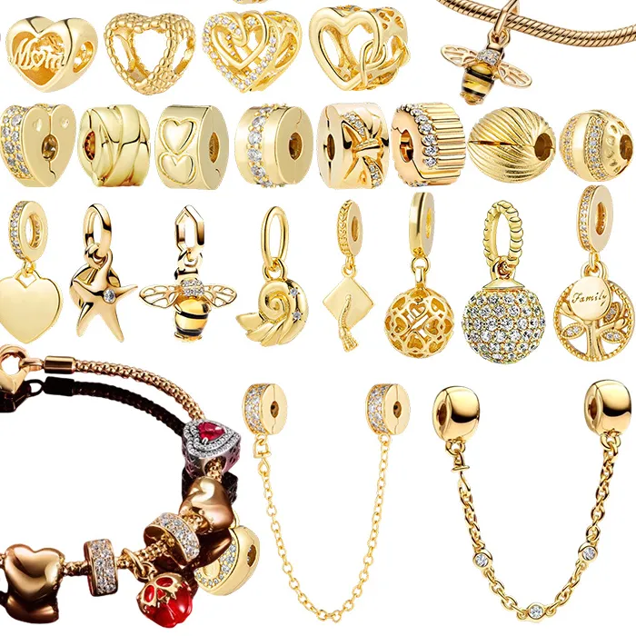 Authentic Hot Sale Sparking Gold Charm Beads Pendant Clip Fit Original Snake Silver Bracelet Necklace Beads For Diy Jewelry Women Gift