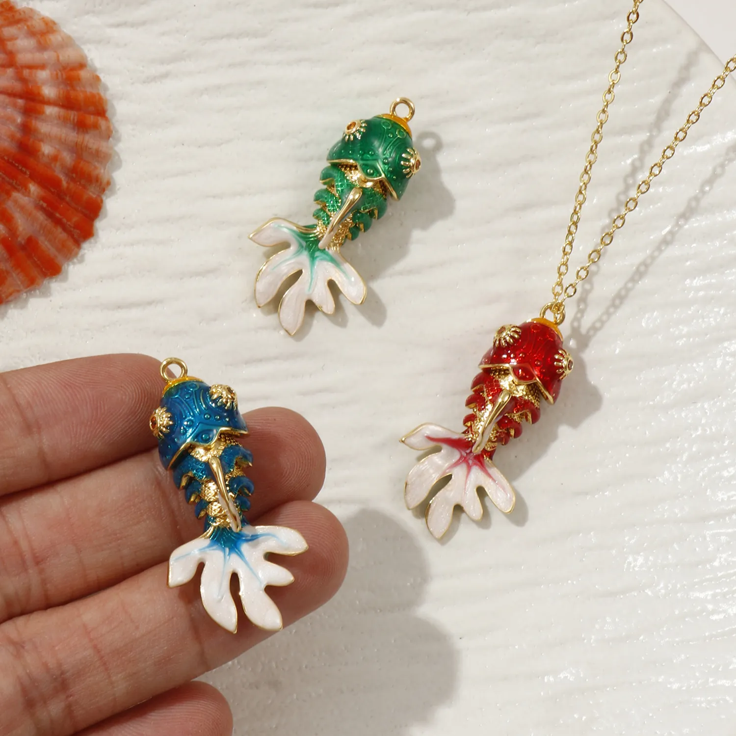 Authentic 1 Piece Brass Ocean Jewelry Goldfish Pendants 18K Gold Plated Enamel Fish Movable Orange Cubic Zirconia DIY Making 3.6cm x 1.8cm