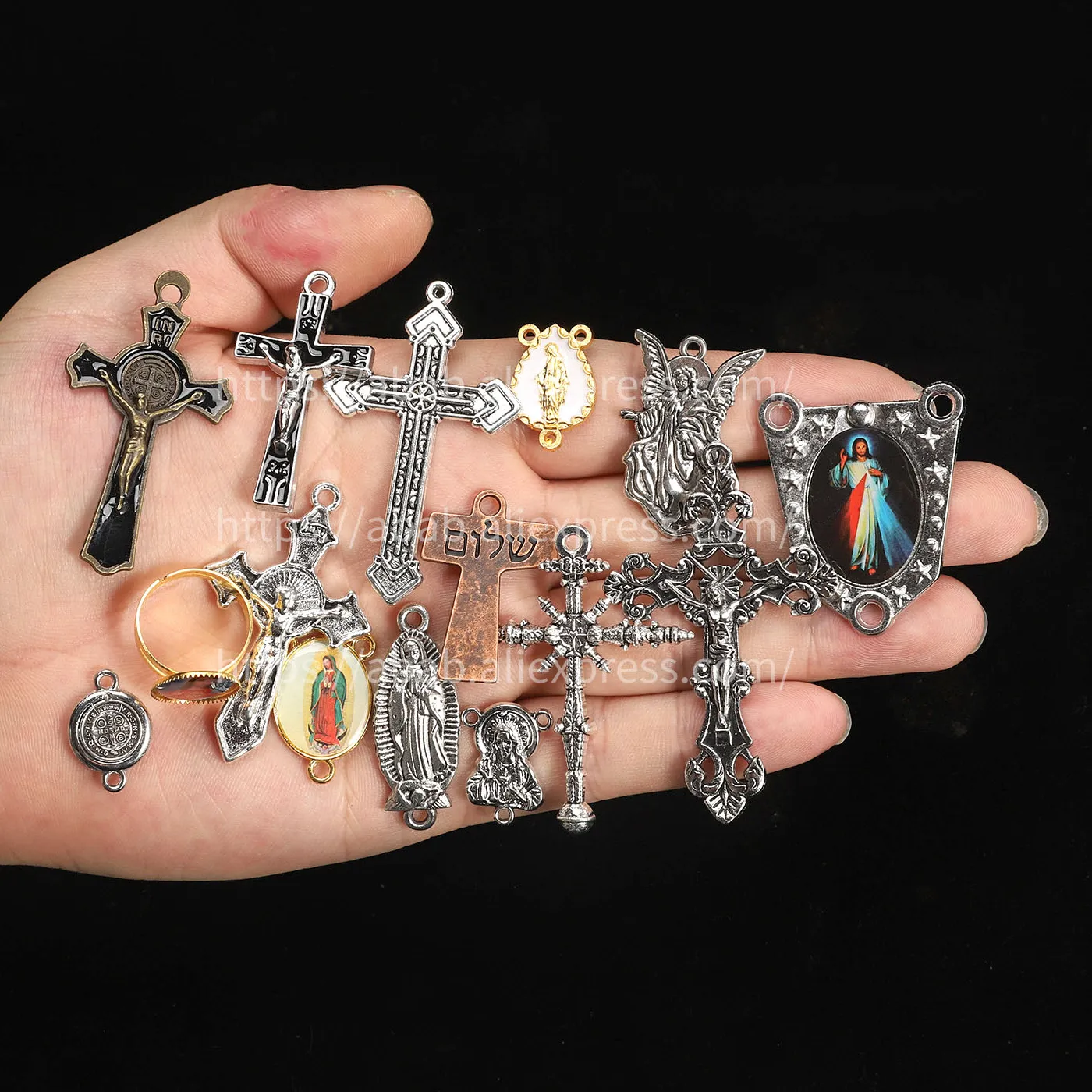Authentic 10 pieces/ Catholic Rose Gold Plated Connector Necklace Bracelet Connector, many Jesus Christ Statue Necklace Bracelet Triang