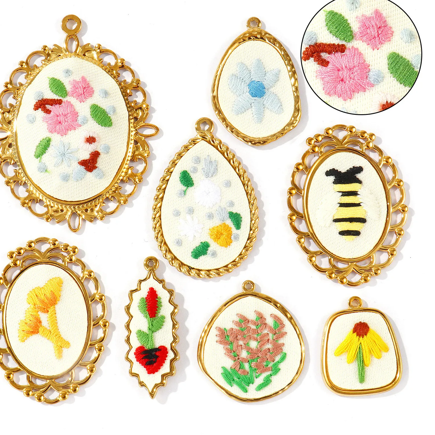 Authentic 1 Piece Single sided Flower Hand Embroidered Charms 304 18K Gold Plated Pendants For DIY Necklace Jewelry Making