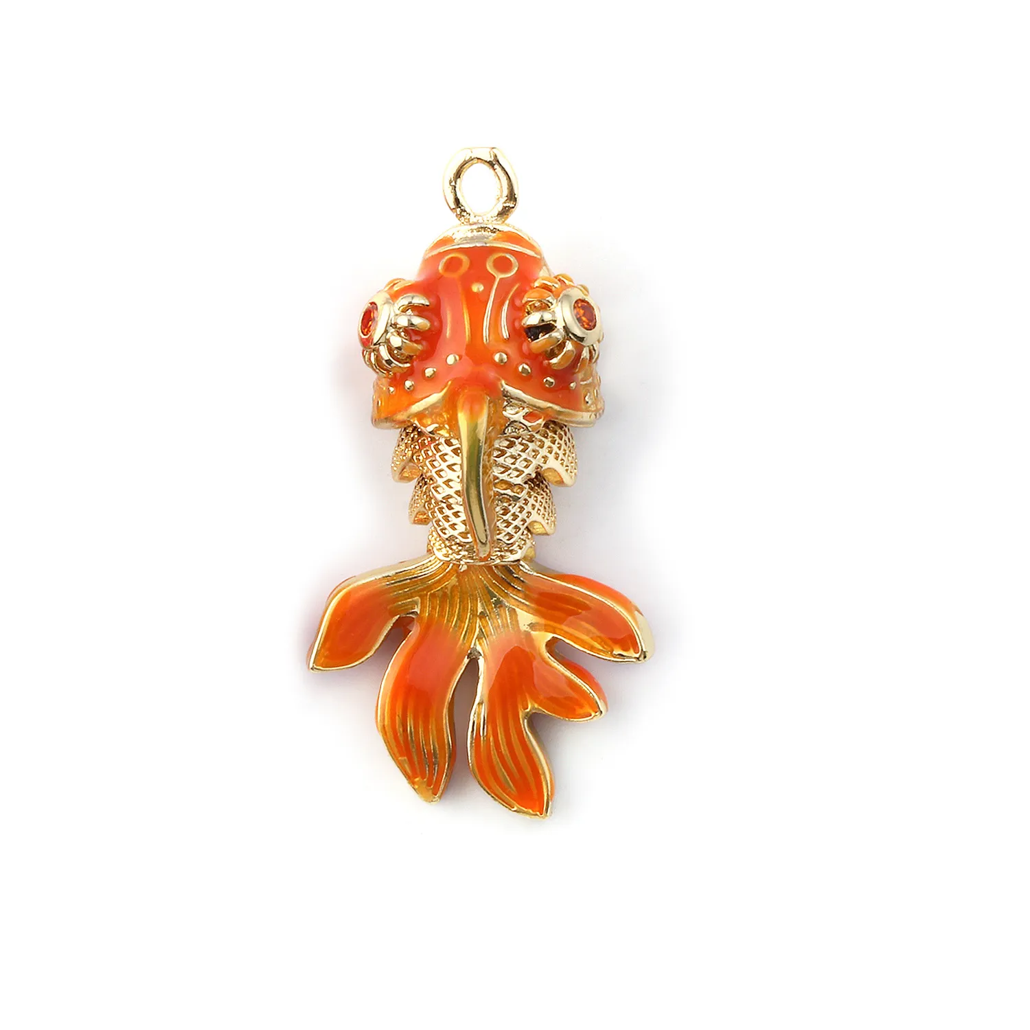 Authentic 1 Piece Enamel Goldfish 3D Movable Brass Charms Orange Cubic Zirconia 18K Gold Plated Fish Ocean Jewelry Pendants 3cm x 1.5cm