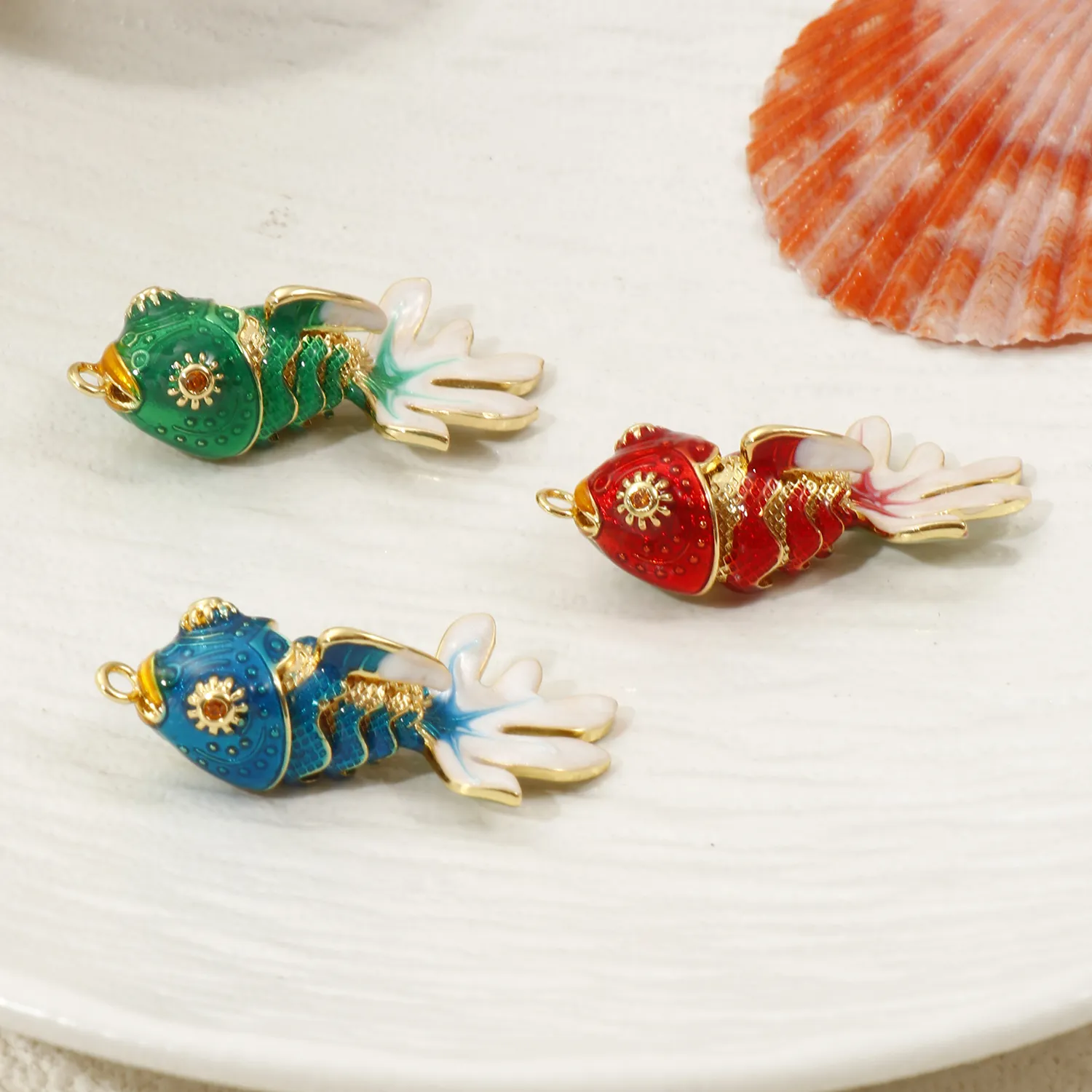 Authentic 1 Piece Brass Ocean Jewelry Movable Goldfish Pendants 18K Gold Plated Enamel Fish Cubic Zirconia For DIY Making 3.6cm x 1.8cm
