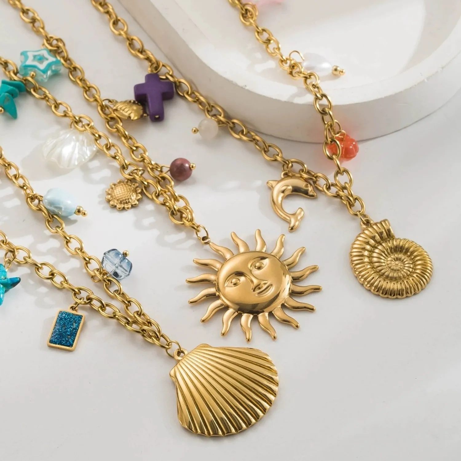 Authentic 1 Piece Ocean Pendant Charm Necklace 304 Stainless Steel 18K Gold Plated 40cm(15.7") + 6cm(2.4") For Women Jewelry Stylish Gift